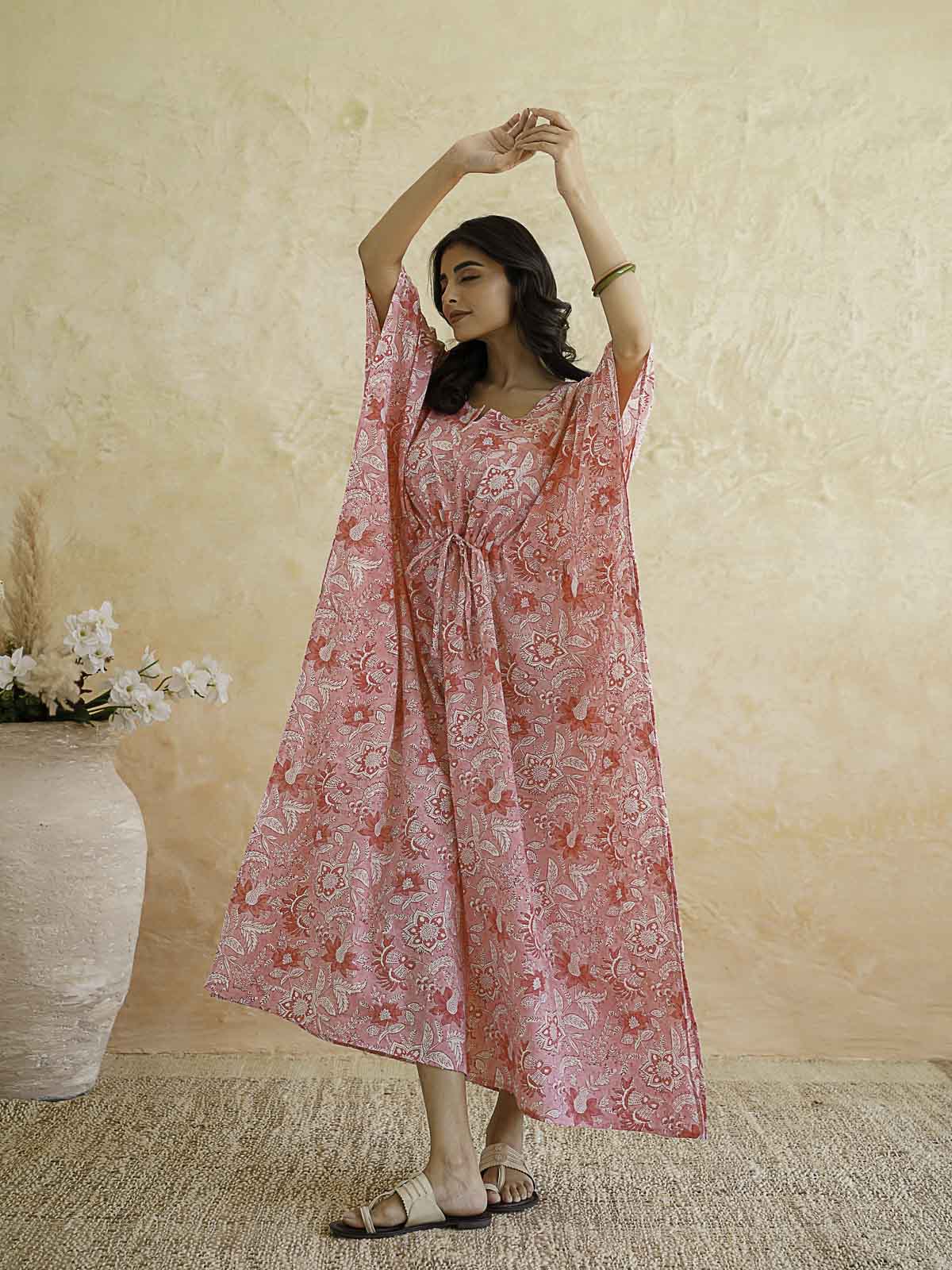 Block-Printed Cotton Long Kaftan Pink Jaal