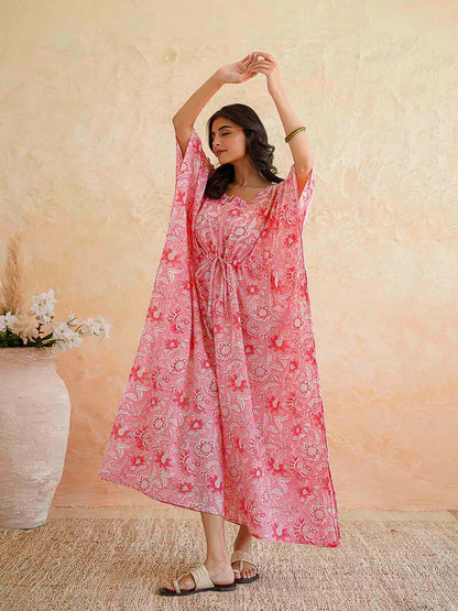 Block-Printed Cotton Long Kaftan Pink Jaal