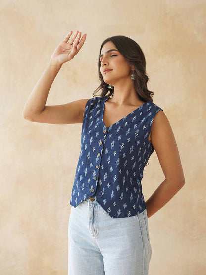 Sleeveless Cotton Block Printed Kothi Top Blue Booty