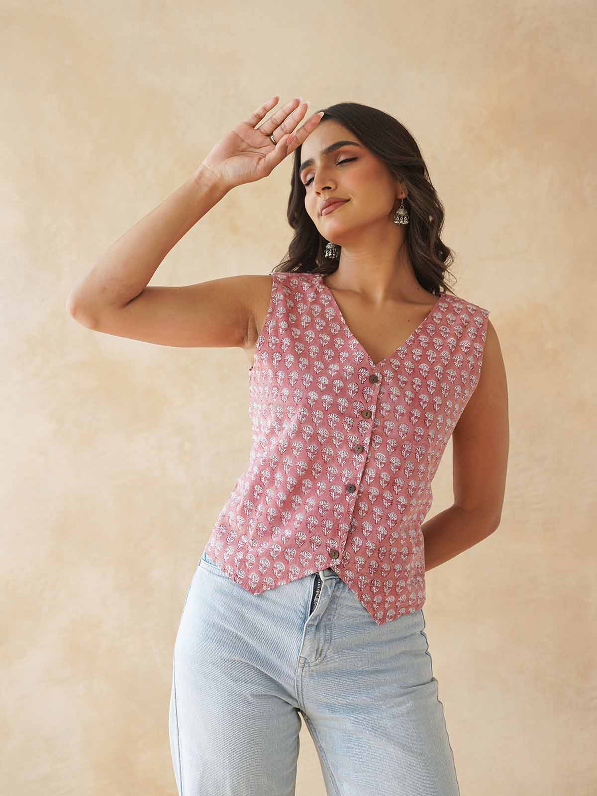 Sleeveless Cotton Block Printed Kothi Top Dusty Pink