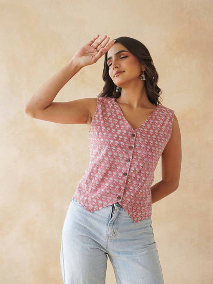 Sleeveless Cotton Block Printed Kothi Top Dusty Pink