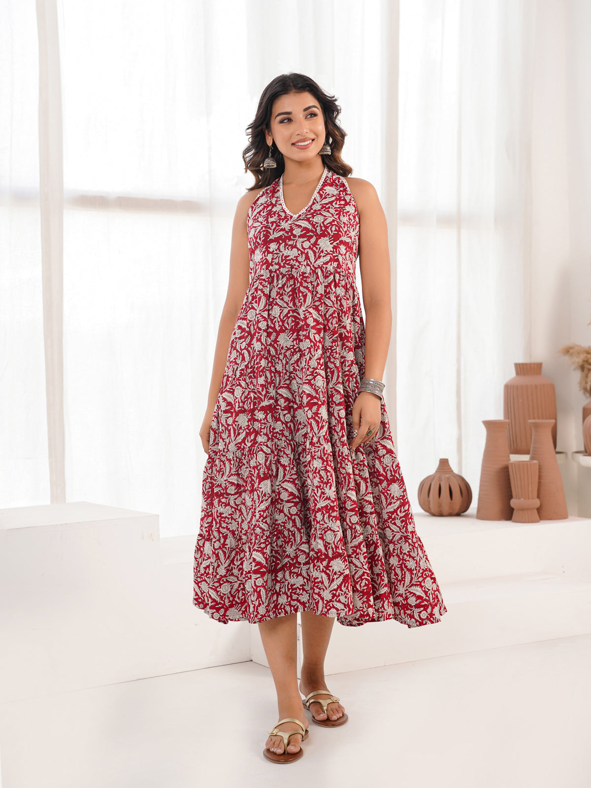 Tiered Halter Neck Dress Red Jaal