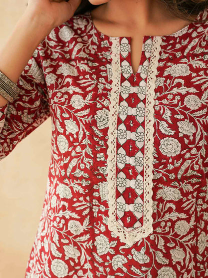 Block-Printed Cotton Zoya Kurti Red Jaal