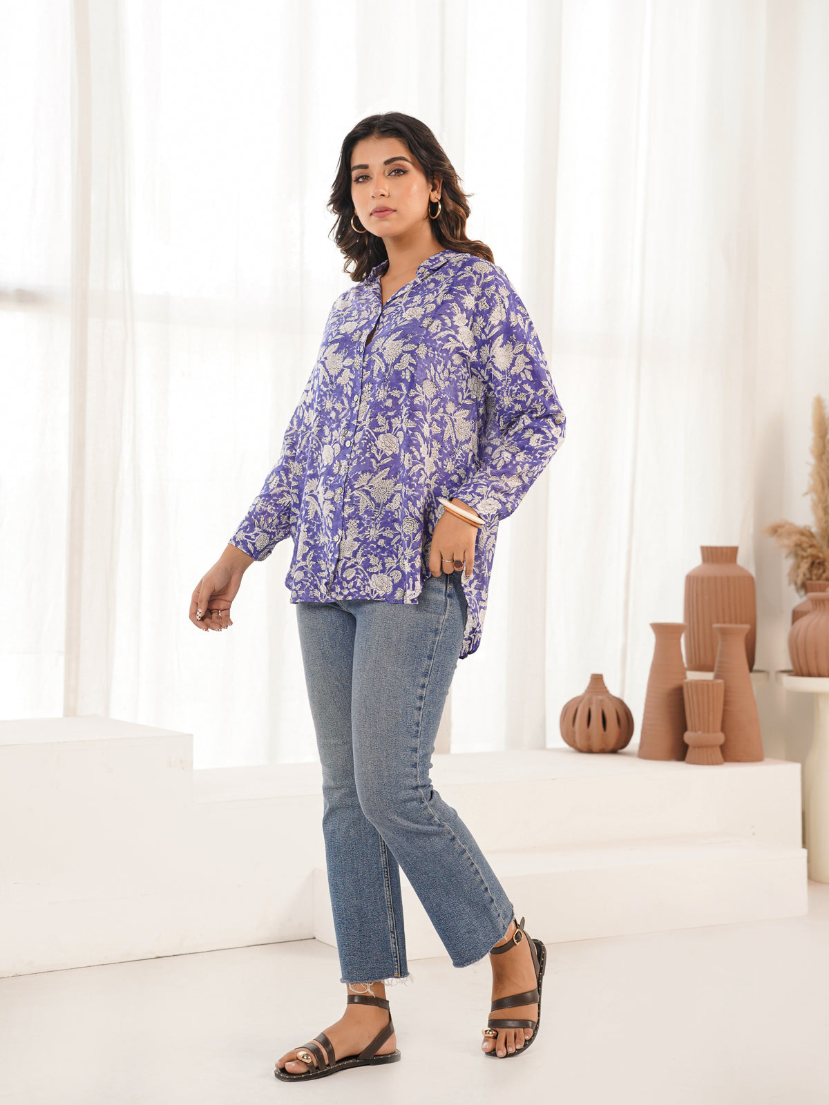 Block Printed Cotton Meher Shirt Blue Jaal