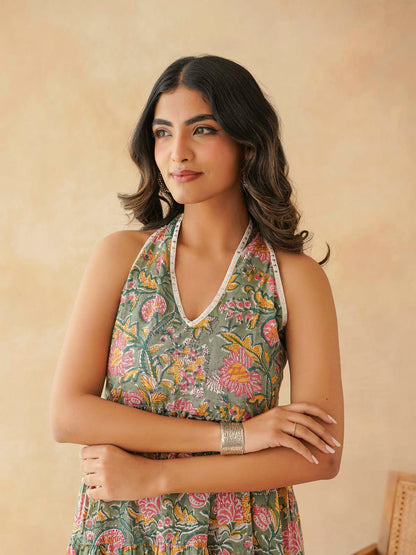 Tiered Halter Neck Dress Green Jaal