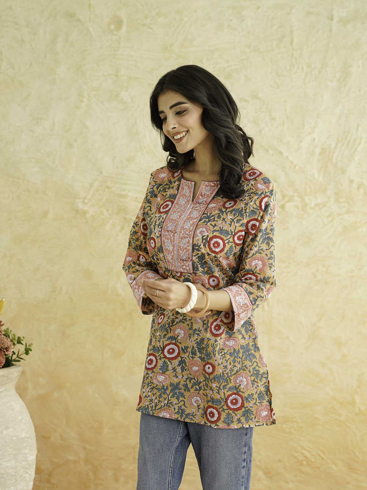 Cotton Printed Sequin Short Kurti For Women Brown