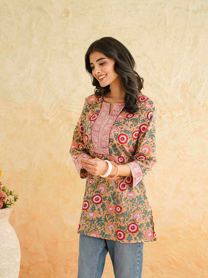 Cotton Printed Sequin Short Kurti For Women Brown