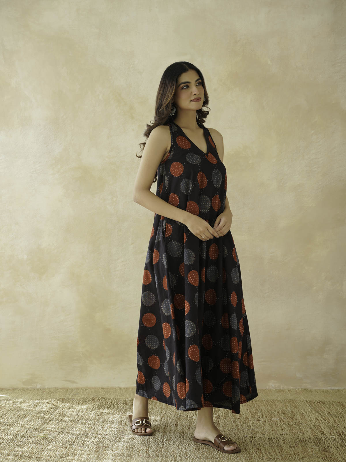 Cotton Printed Aline Moana Dress Black Polka