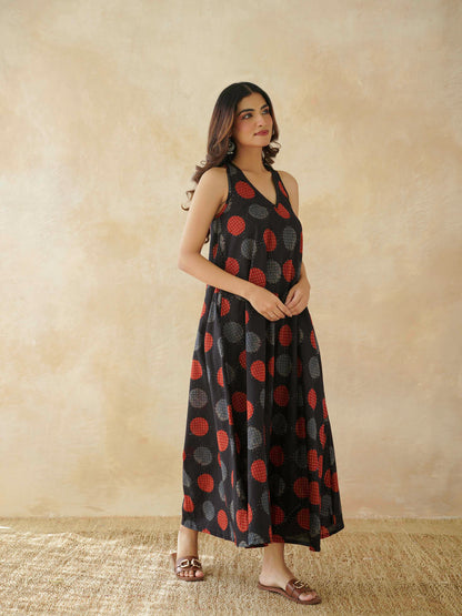 Cotton Printed Aline Moana Dress Black Polka