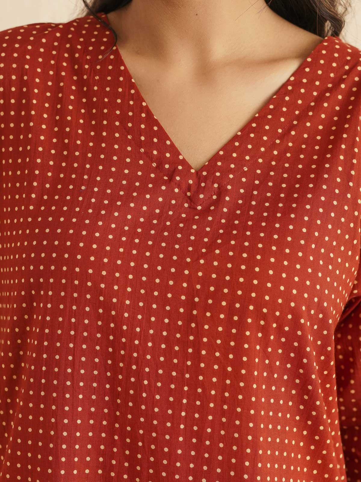 Cotton Printed V-Neck Style Set For Women Red