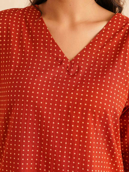 Cotton Printed V-Neck Style Set For Women Red