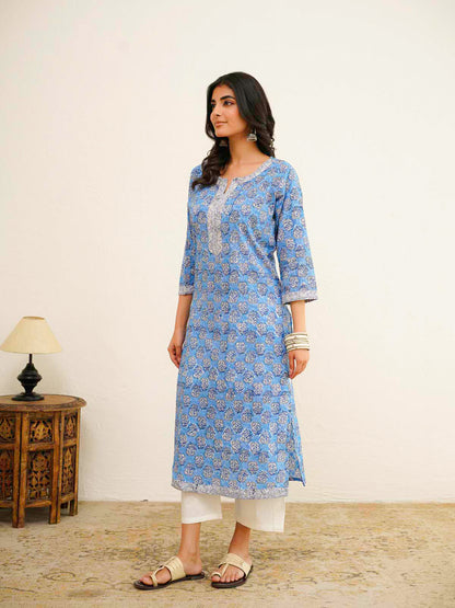 Cotton Block Printed Long Kurta Blue Booty