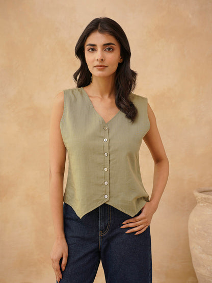 Classic Linen Vest For Women Green