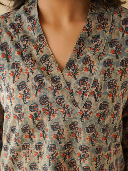 Cotton Printed Straight Kurta Indigo Flawer