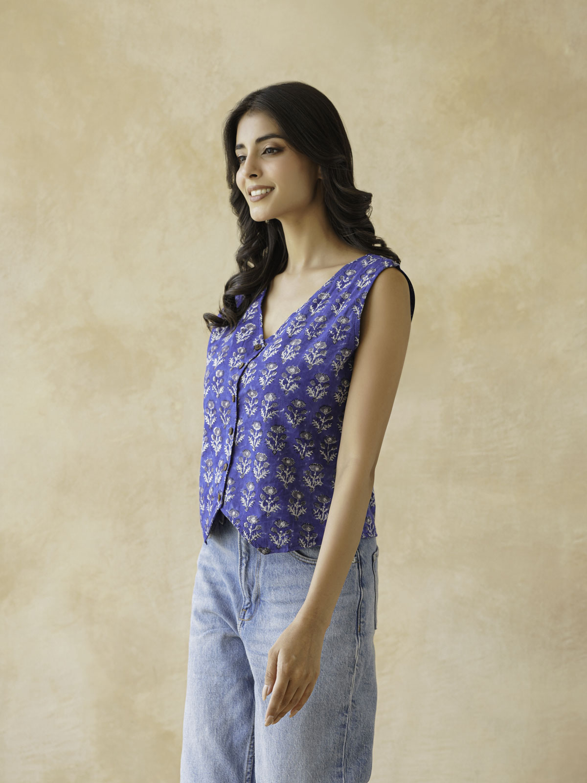 Sleeveless Cotton Block Printed Kothi Top Royal Blue