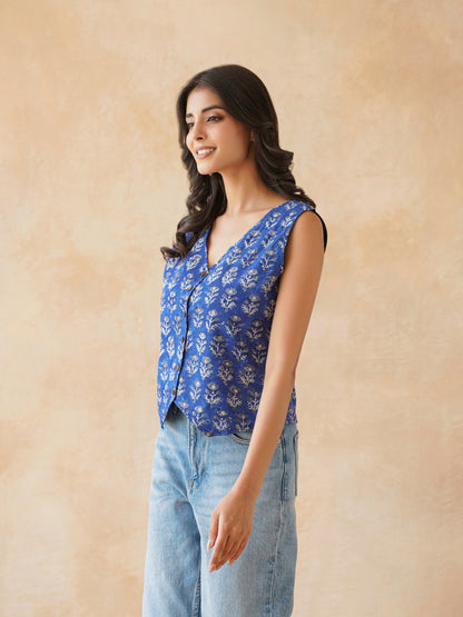 Sleeveless Cotton Block Printed Kothi Top Royal Blue