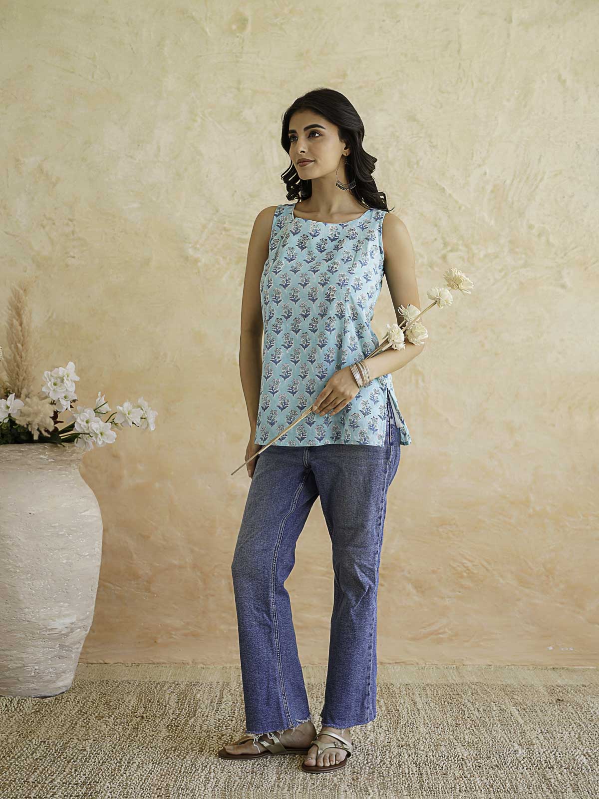 Cotton Printed Stylish Backless Tie-Up Kurti Sky Blue