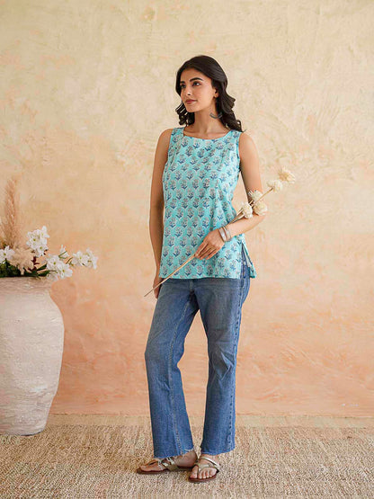 Cotton Printed Stylish Backless Tie-Up Kurti Sky Blue