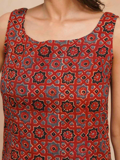 Cotton Printed Stylish Backless Tie-Up Kurti Ajrakh