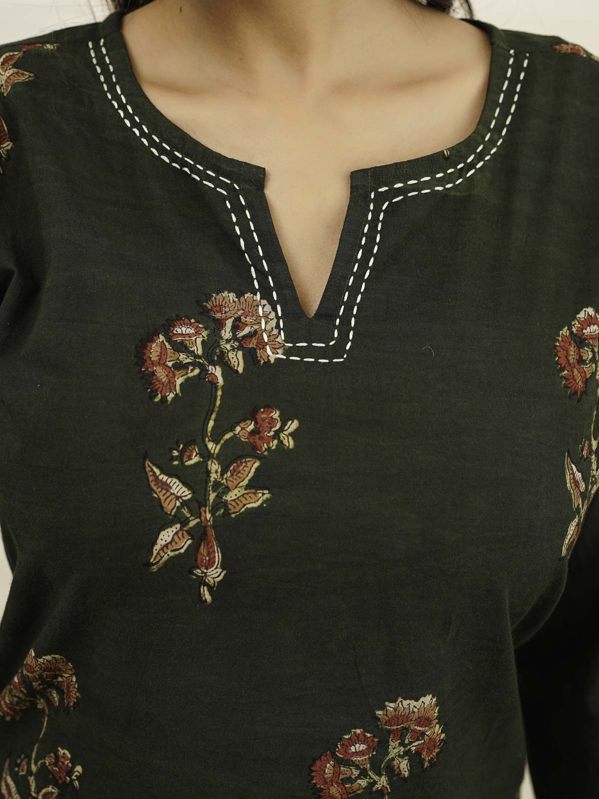 Cotton Printed Kantha Kurta Green Patti