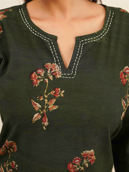 Cotton Printed Kantha Kurta Green Patti