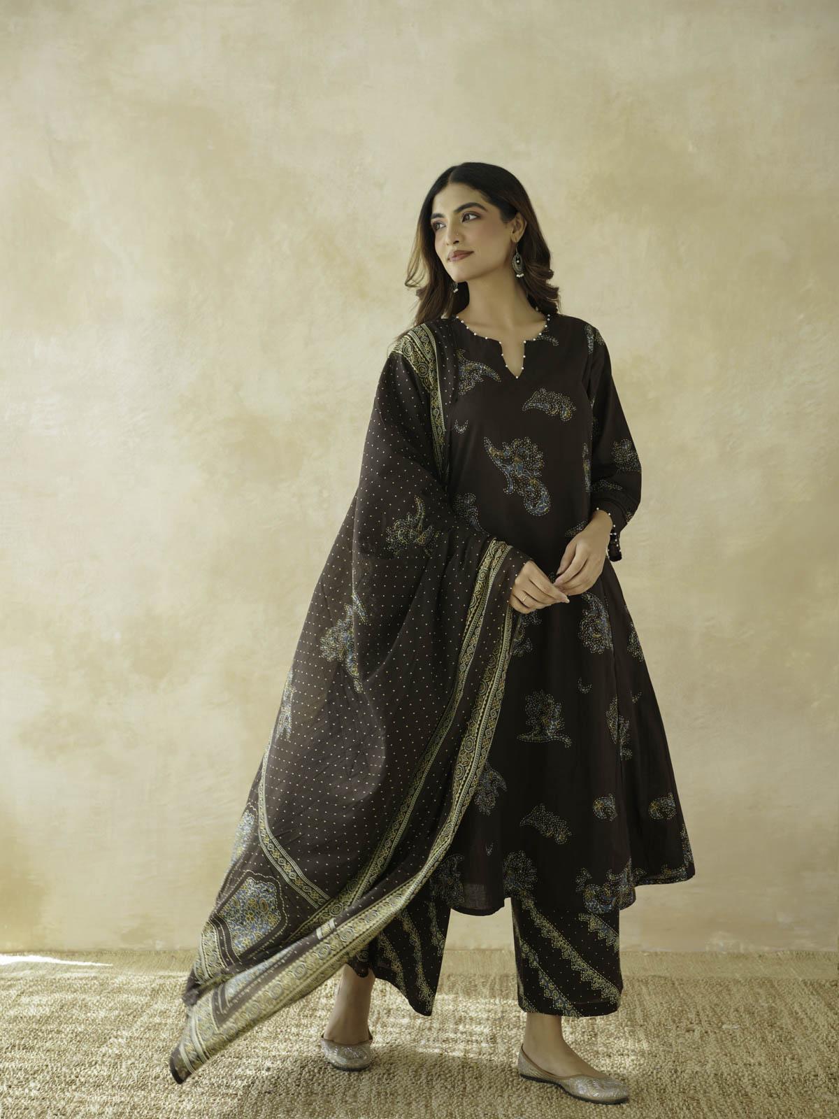 Cotton Printed Aline Geet Kurta Set For Women Choco Brown