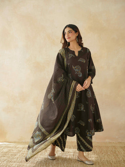 Cotton Printed Aline Geet Kurta Set For Women Choco Brown