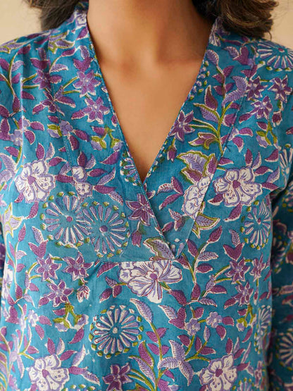 Cotton Printed Straight Kurta Blue Velvet