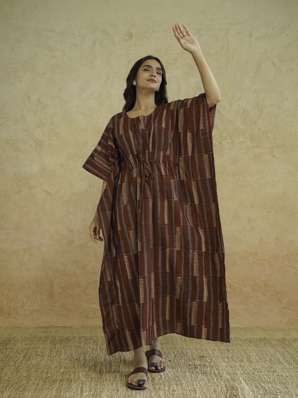 Block-Printed Cotton Long Kaftan Red Starp