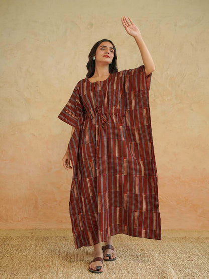 Block-Printed Cotton Long Kaftan Red Starp