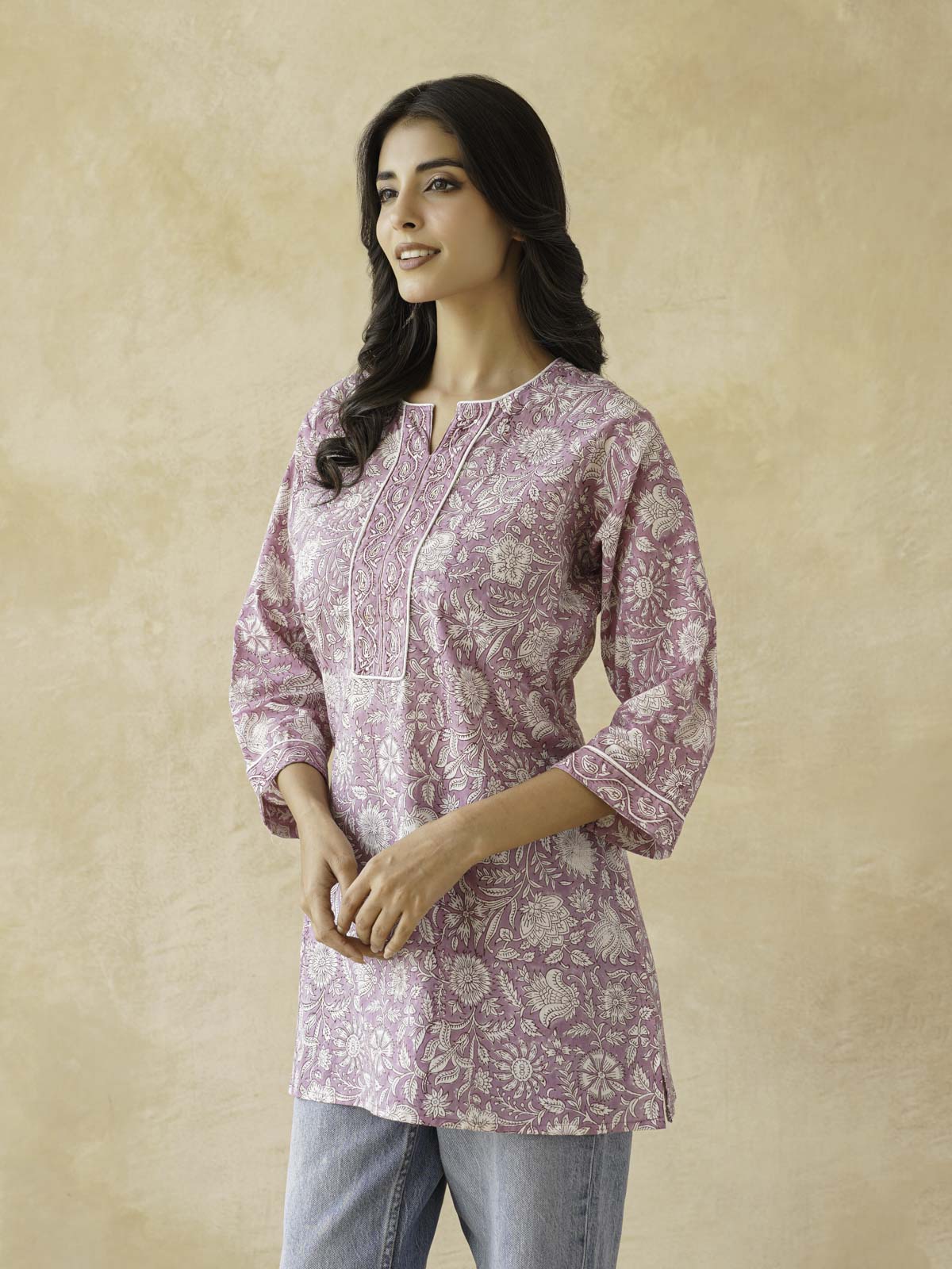Cotton Printed Sequin Short Kurti For Women Purple