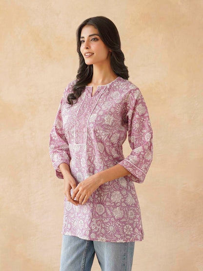 Cotton Printed Sequin Short Kurti For Women Purple