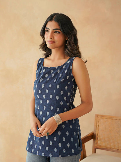 Cotton Printed Stylish Backless Tie-up Kurti Indigo