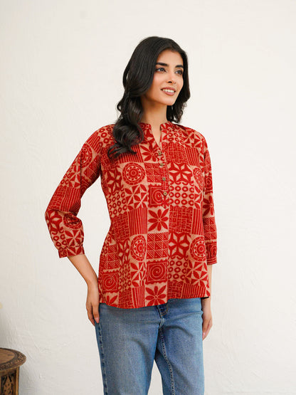 Cotton Printed Everyday Tunic Top For Women Red