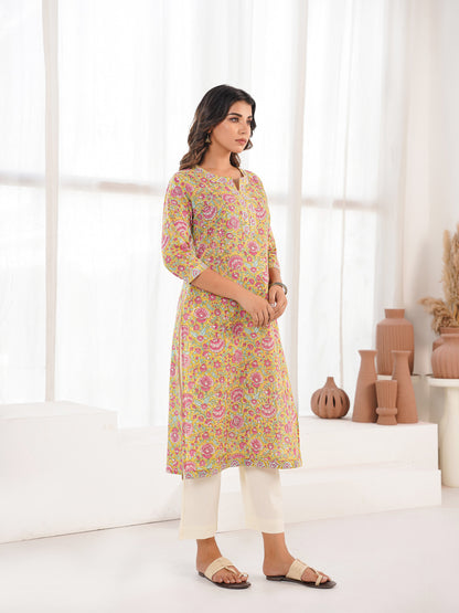 Cotton Block Printed Long Kurta Parrot Green