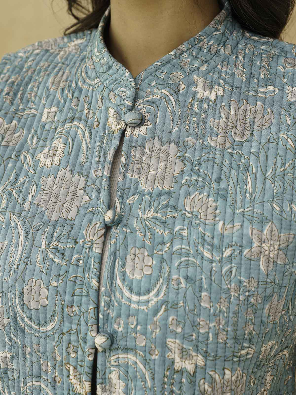 Cotton Printed Sleeveless Quilted Jacket Green Jaal