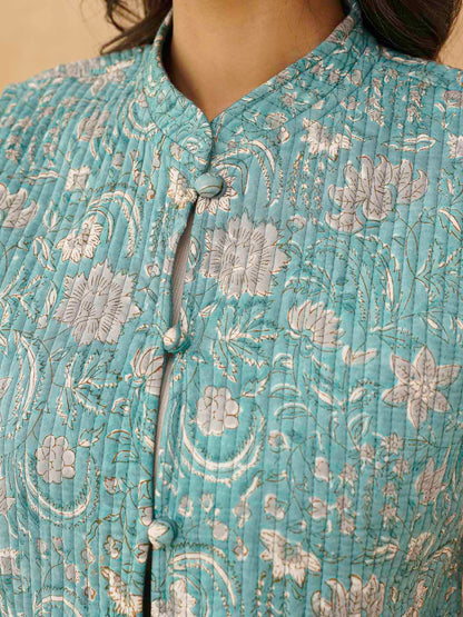 Cotton Printed Sleeveless Quilted Jacket Green Jaal