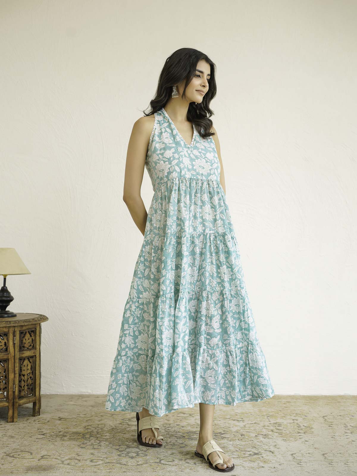 Tiered Halter Neck Dress Light Green