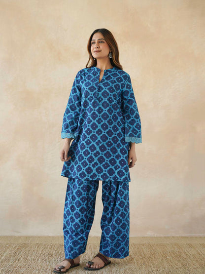 Farshi Set Relaxed Fit Kurta & Pants Set Aqua