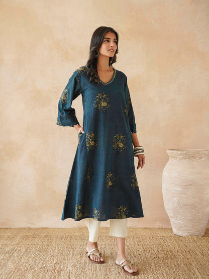 Cotton Printed Ultimate Aline Kurta For Women Indigo