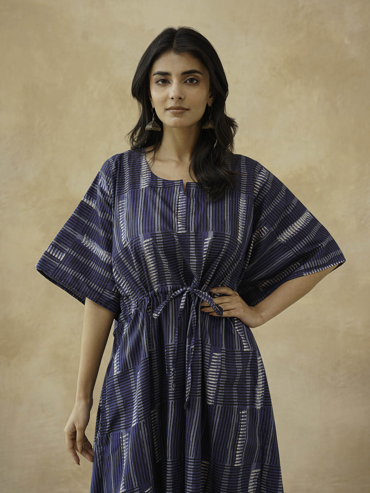 Block-Printed Cotton Long Kaftan Indio Straip