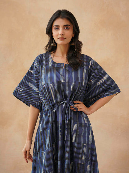 Block-Printed Cotton Long Kaftan Indio Straip