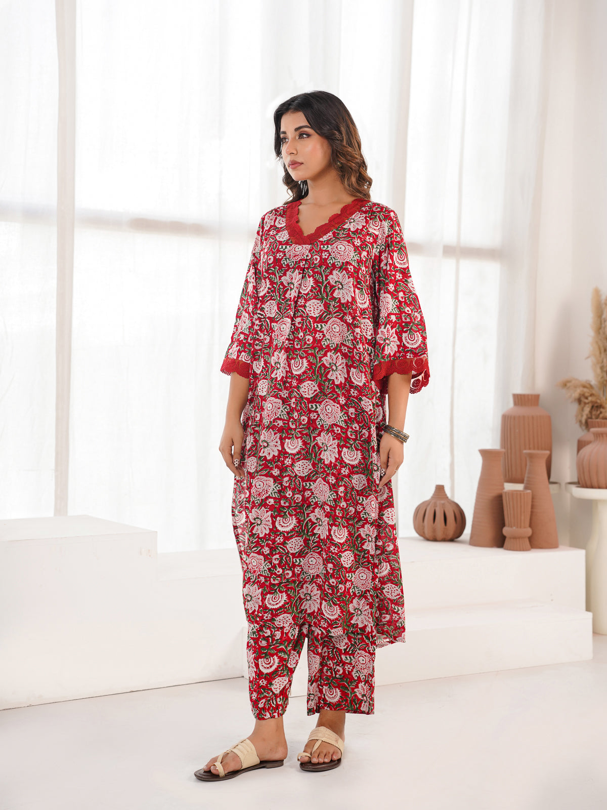Block Printed Cotton Kurta Pant Bagiya Set Red Flower