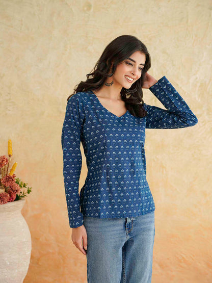 Full Sleeve Cotton Printed Classic Vee Top Indigo Booty