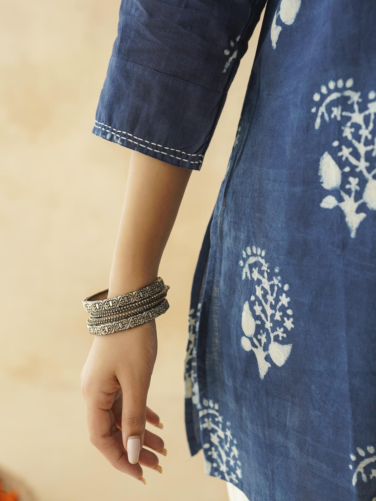 Cotton Printed Kantha Kurta Indigo