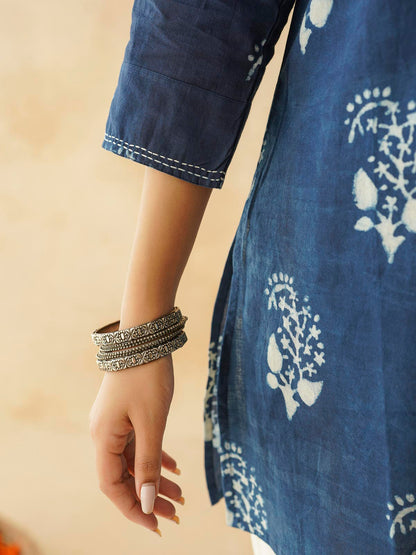 Cotton Printed Kantha Kurta Indigo