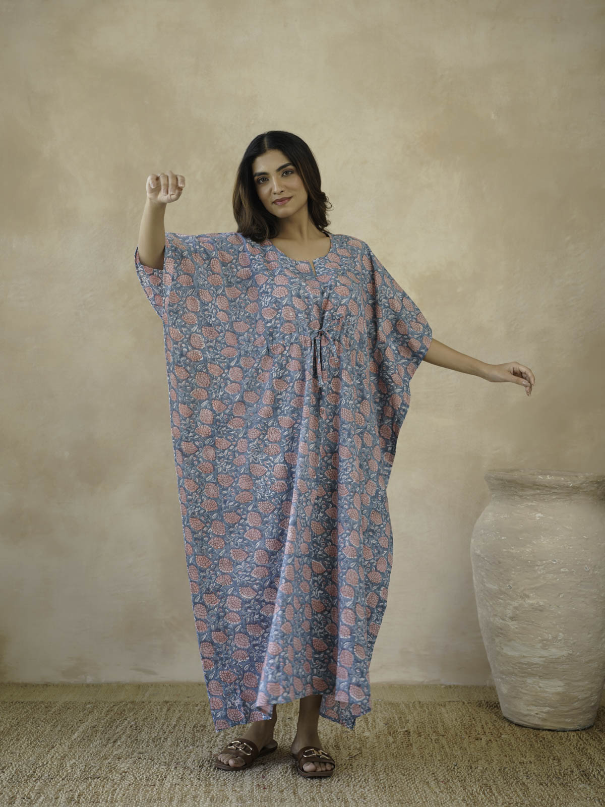 Block-Printed Cotton Long Kaftan Marigold