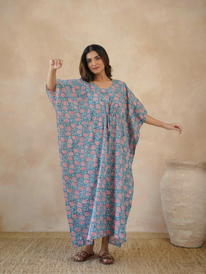 Block-Printed Cotton Long Kaftan Marigold