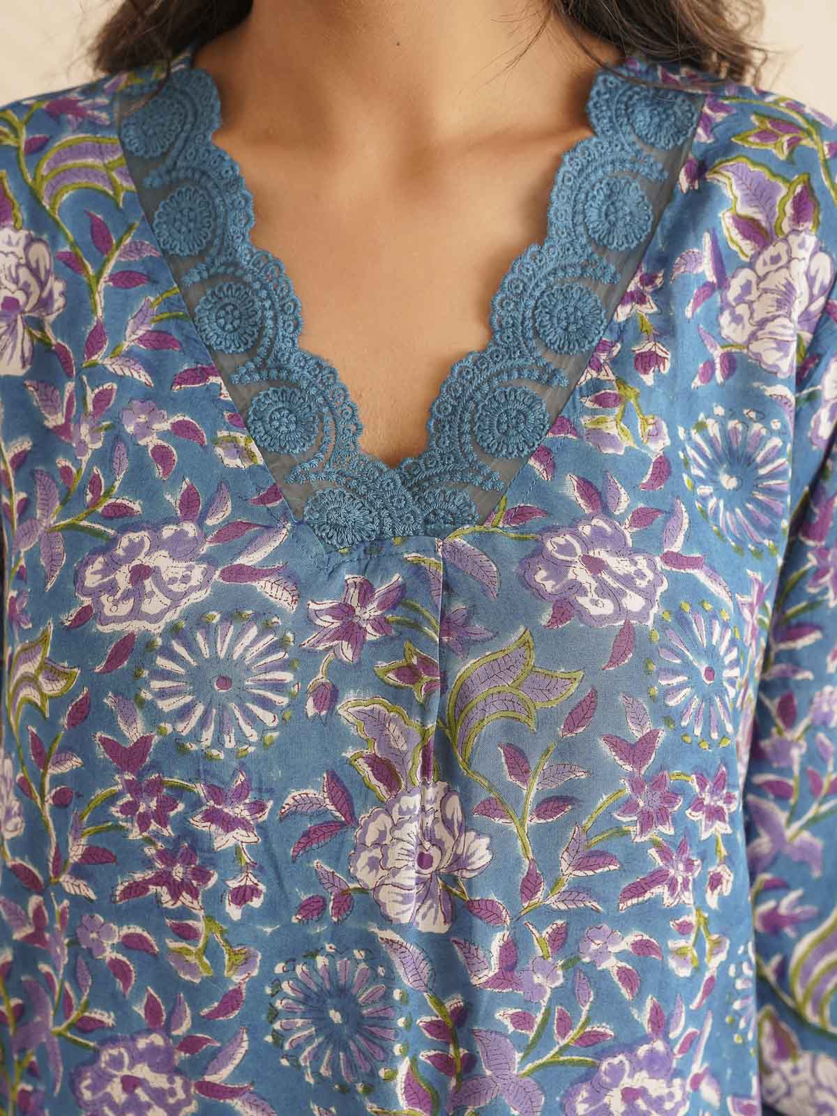 Block Printed Cotton Kurta Pant Bagiya Set Blue Purple