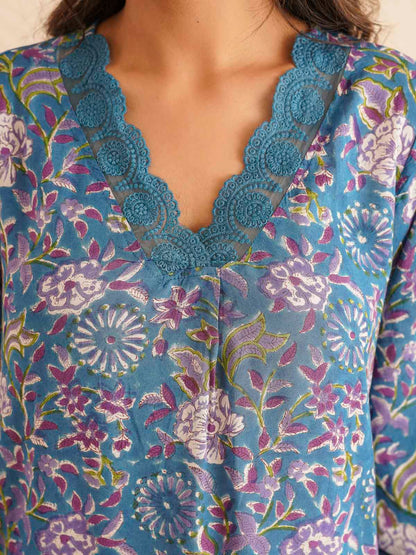 Block Printed Cotton Kurta Pant Bagiya Set Blue Purple